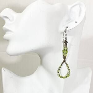 Peridot green glass dangle earrings, Rectangular glass beads, silver tone beads